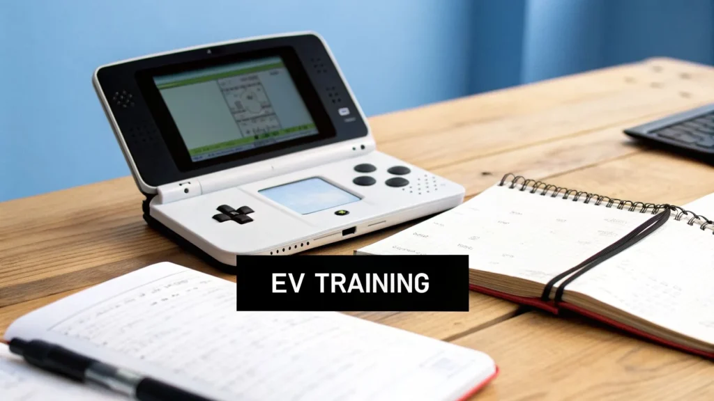 Handheld gaming console on desk with notebooks and pen, labeled “EV training”