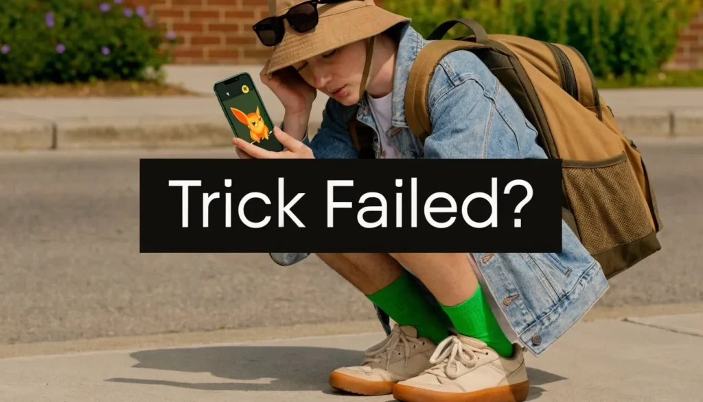 Pokémon GO player crouching outdoors holding Eevee on phone screen with text reading “Trick Failed?”