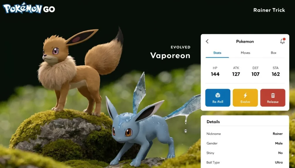 Pokémon GO screen showing Eevee evolving into Vaporeon with stats, evolve button, and the Rainer trick name.