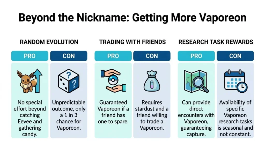Infographic comparing Pokémon GO methods to get Vaporeon: random evolution, trading, and research rewards.
