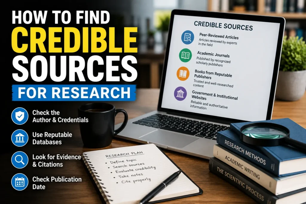 Laptop showing credible sources guide with desk setup, books, and bold “How to Find Credible Sources for Research” text