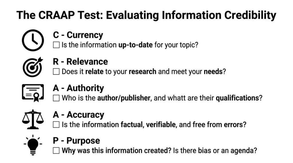Infographic explaining the CRAAP test for evaluating information credibility and research sources.