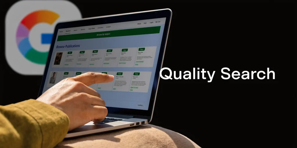 Person browsing online publications on a laptop beside “Quality Search” text and a blurred Google logo.