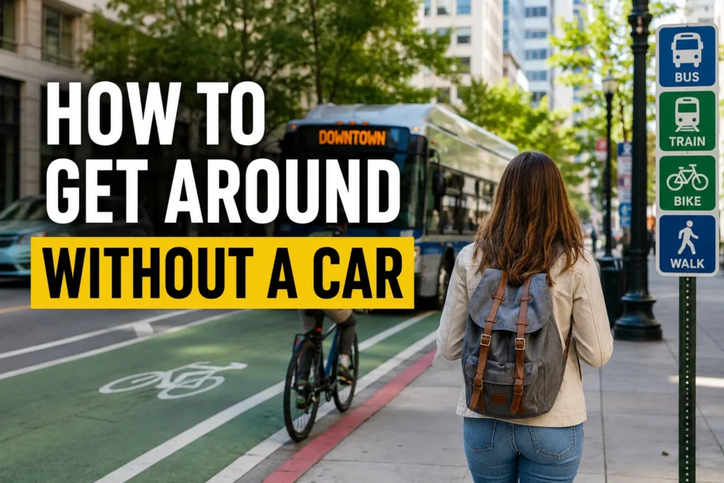 Person walking in a city with bus, bike lane, and transit signs promoting travel without a car.