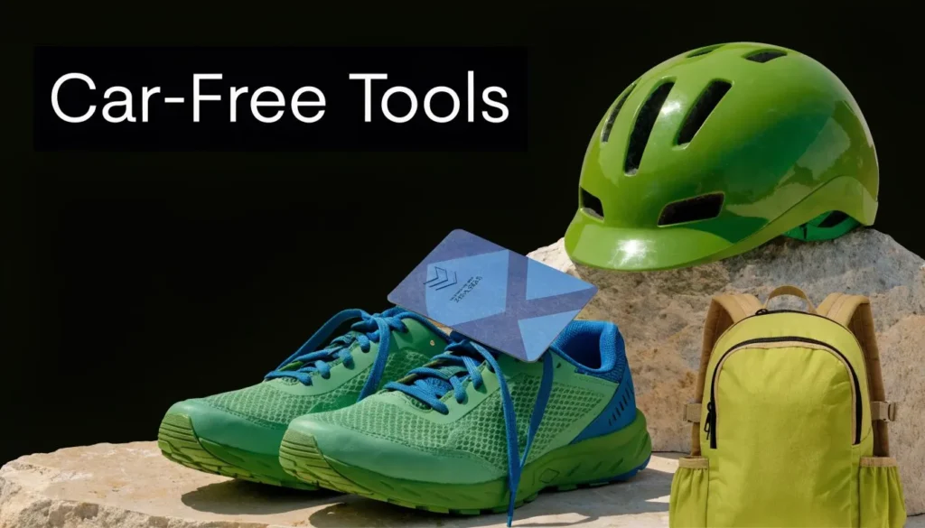 Walking shoes, bike helmet, transit card, and backpack promoting eco-friendly transportation without a car.