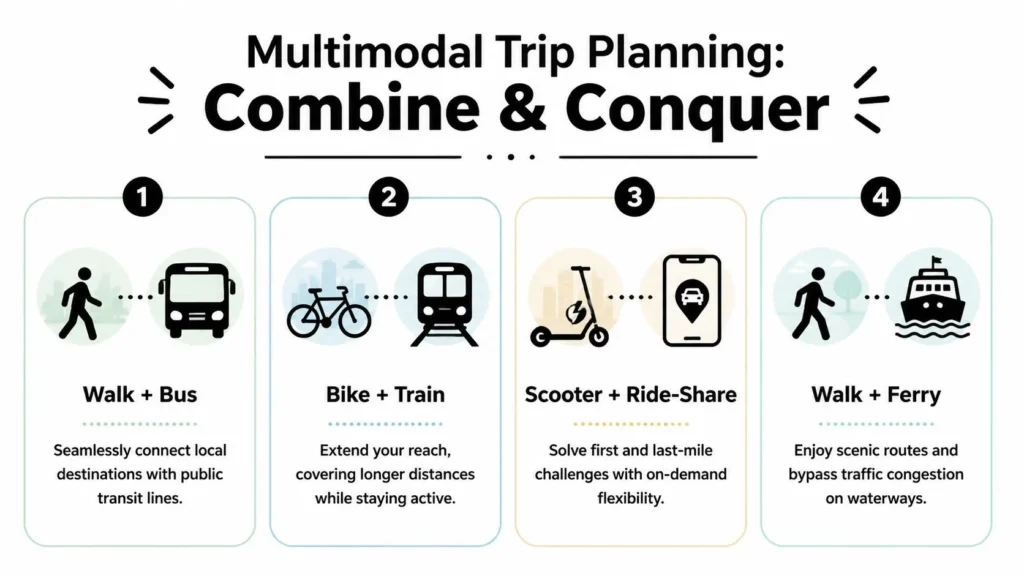 Infographic showing multimodal travel options combining walking, buses, bikes, trains, scooters, and ferries.