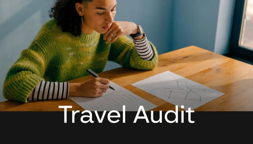 Person reviewing notes and route sketches at a table with “Travel Audit” text overlay.