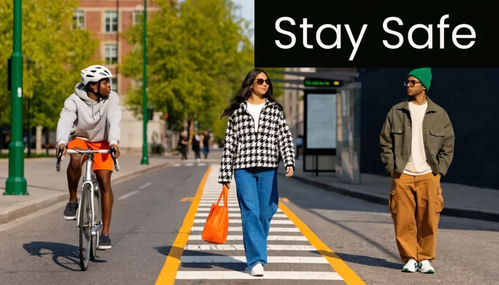 Cyclist and pedestrians sharing a city street and crosswalk with “Stay Safe” text overlay.