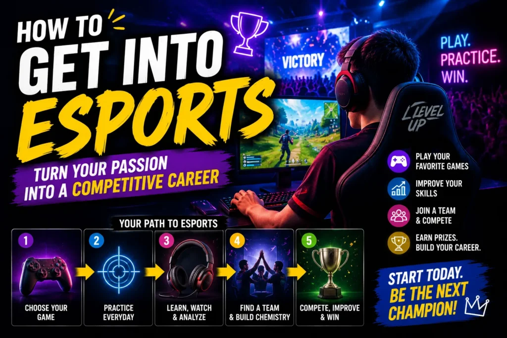 Colorful esports thumbnail with gamer setup, neon lights, tournament graphics, and competitive gaming tips.