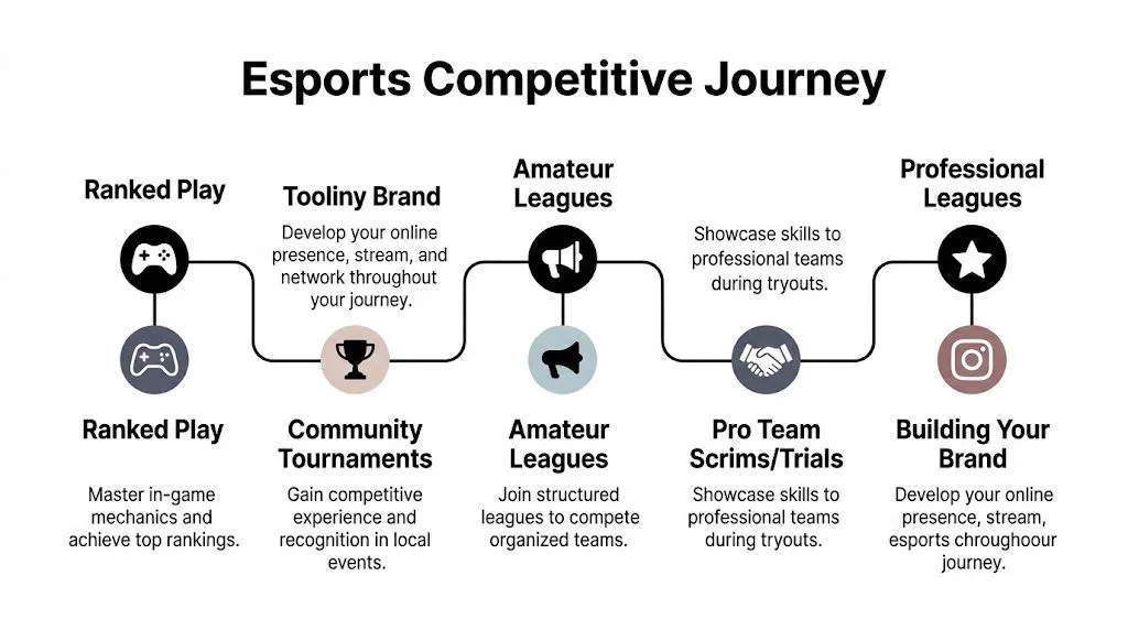 Infographic showing the esports journey from ranked play and tournaments to pro leagues and personal branding.