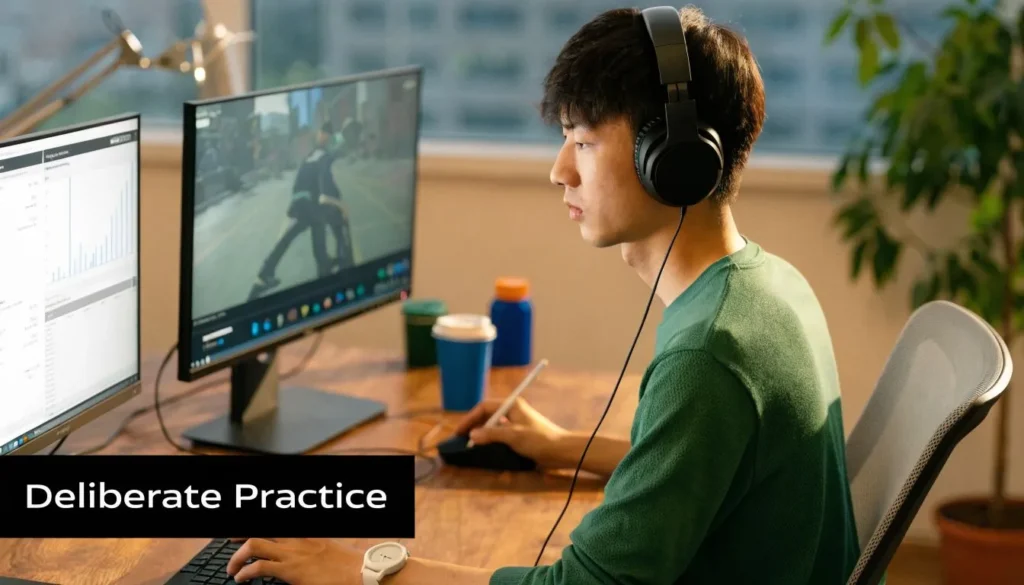 Young gamer wearing headphones practices at a dual-monitor desk setup with “Deliberate Practice” text.