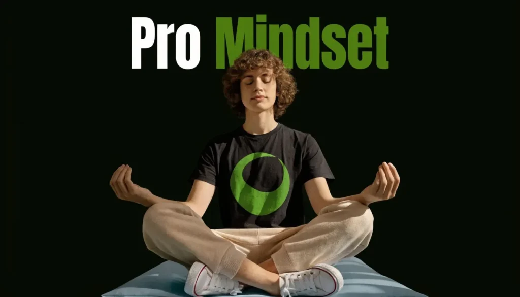Person meditating cross-legged under “Pro Mindset” text, symbolizing focus and mental strength in esports.