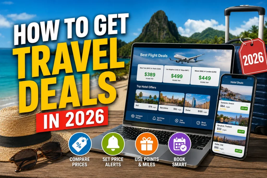 Master How To Get Travel Deals In 2026 Travel deals thumbnail with laptop flight discounts, beach backdrop, suitcase, and 2026 booking tips graphics.