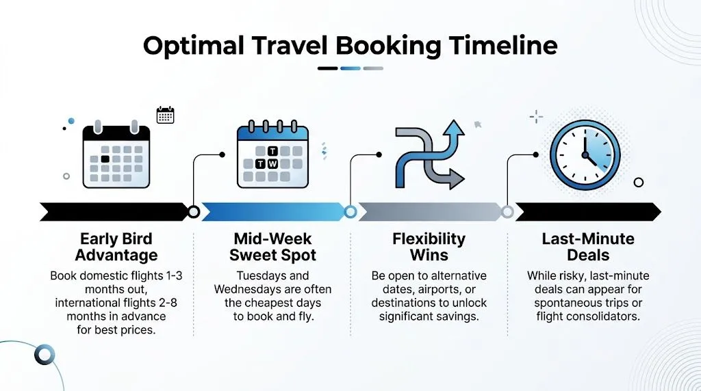 Infographic showing the optimal travel booking timeline with early booking, mid-week deals, flexibility, and last-minute tips.