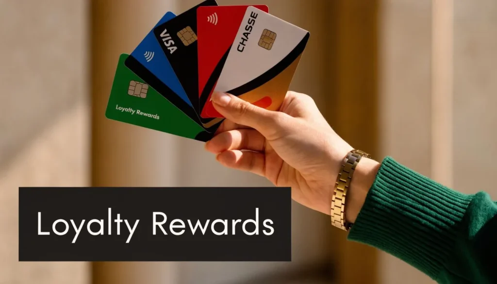 Hand holding travel rewards and credit cards with Loyalty Rewards text promoting points and travel benefits.