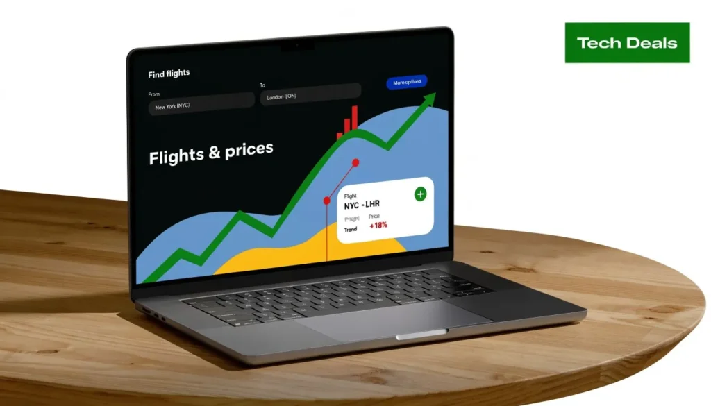 Laptop displaying flight price tracking charts and travel booking data on a wooden table with Tech Deals label.