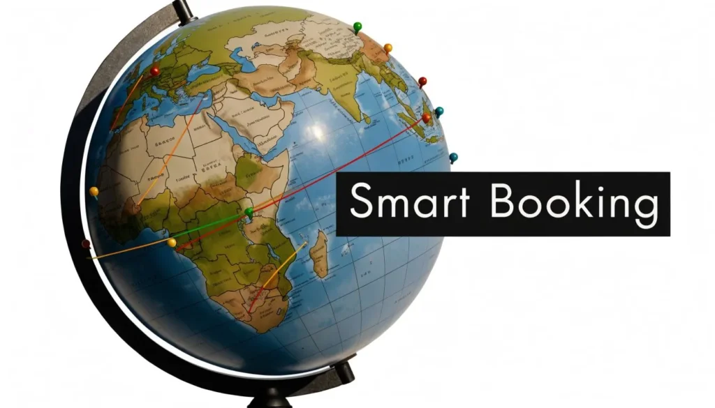 Globe with colorful travel route pins and Smart Booking text representing global travel planning and deals.