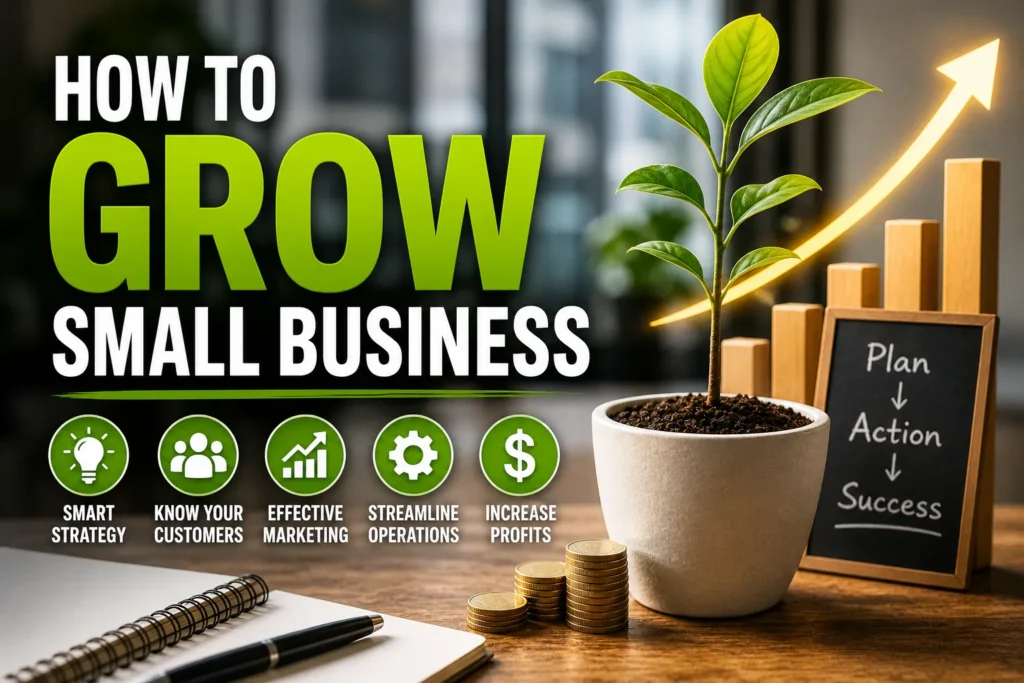 Thumbnail with plant growth chart, coins, and bold text “How to Grow Small Business” highlighting strategy, marketing, profits