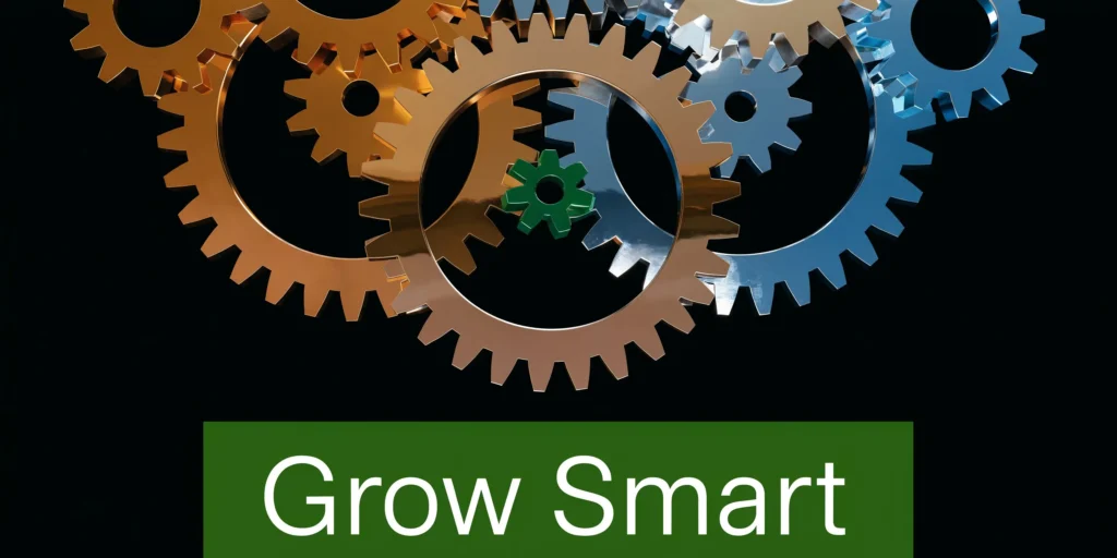 How to Grow Small Business: Your 2026 Playbook Interlocking gears in gold and blue with a green center gear, symbolizing efficiency and strategy, labeled “Grow Smart”