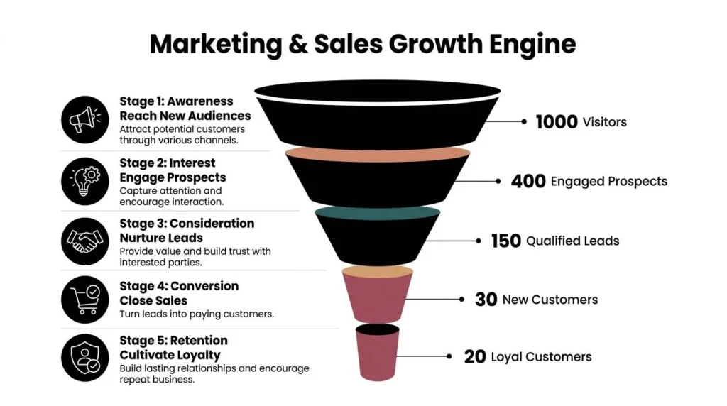 How to Grow Small Business: Your 2026 Playbook Marketing funnel infographic showing stages from awareness to retention with counts from 1000 visitors to 20 loyal customers