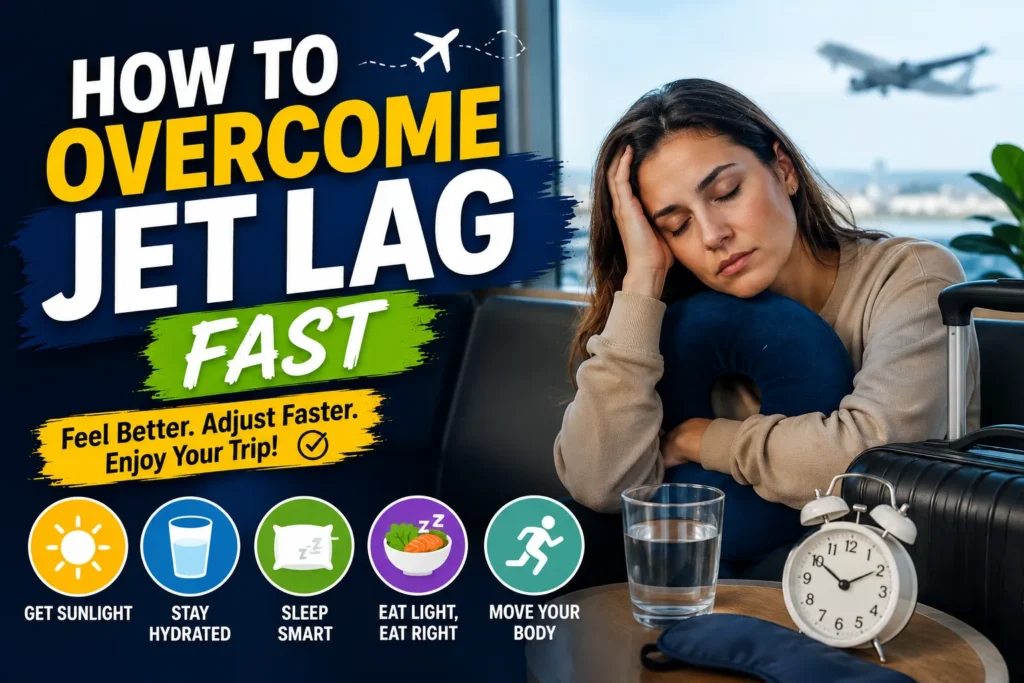 How to Overcome Jet Lag Fast: A 2026 Action Plan Realistic jet lag recovery thumbnail with tired traveler, airport scene, alarm clock, and wellness travel tips.