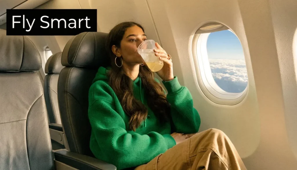 Traveler drinking water on an airplane with Fly Smart text, promoting healthy habits to reduce jet lag.