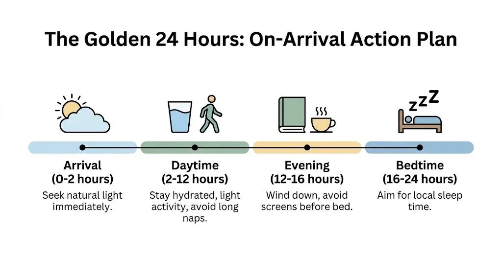 Infographic showing a 24-hour jet lag recovery plan with light exposure, hydration, relaxation, and sleep tips.