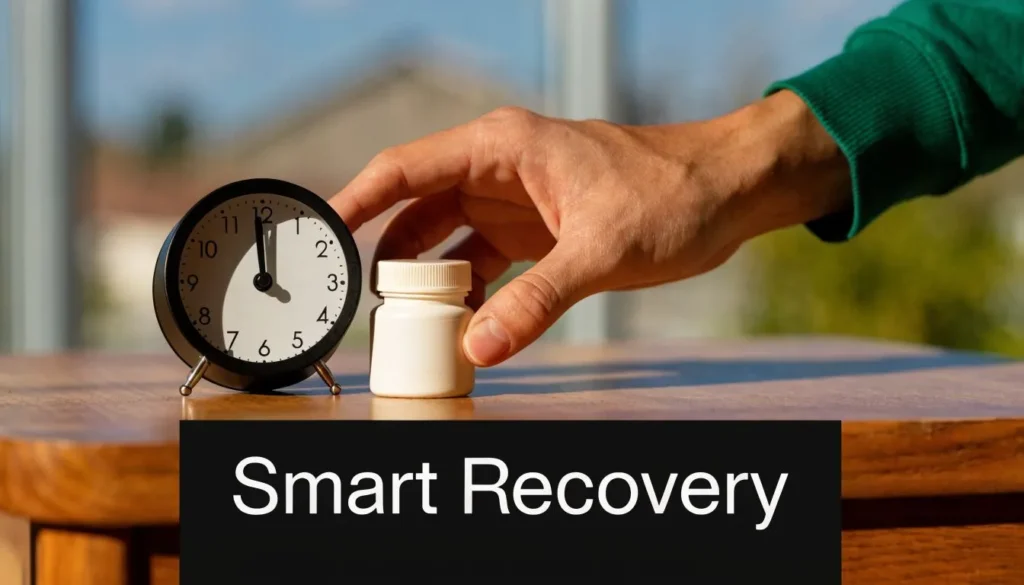 Hand reaching for sleep aid beside a clock with Smart Recovery text, representing jet lag recovery strategies.