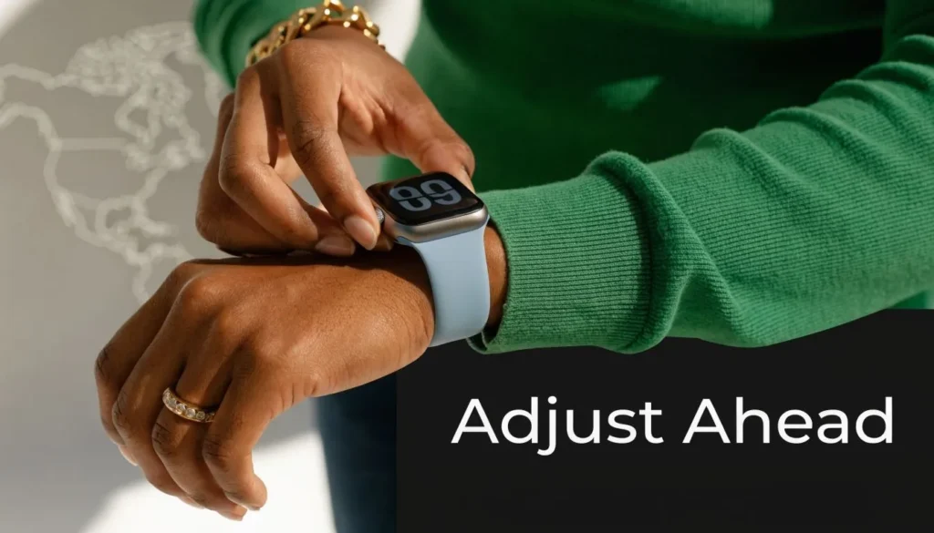 Person adjusting a smartwatch with Adjust Ahead text, symbolizing jet lag preparation and time zone changes.