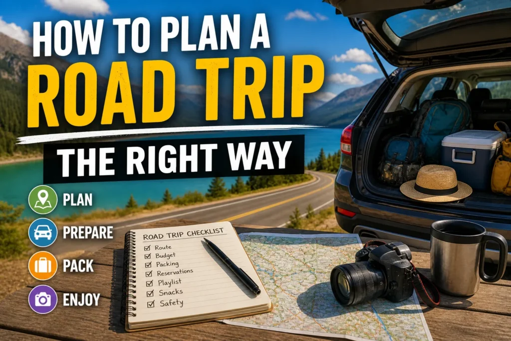 How to Plan a Road Trip The Right Way Road trip planning thumbnail with scenic highway, packed car trunk, map, checklist, and bold “How to Plan a Road Trip” text