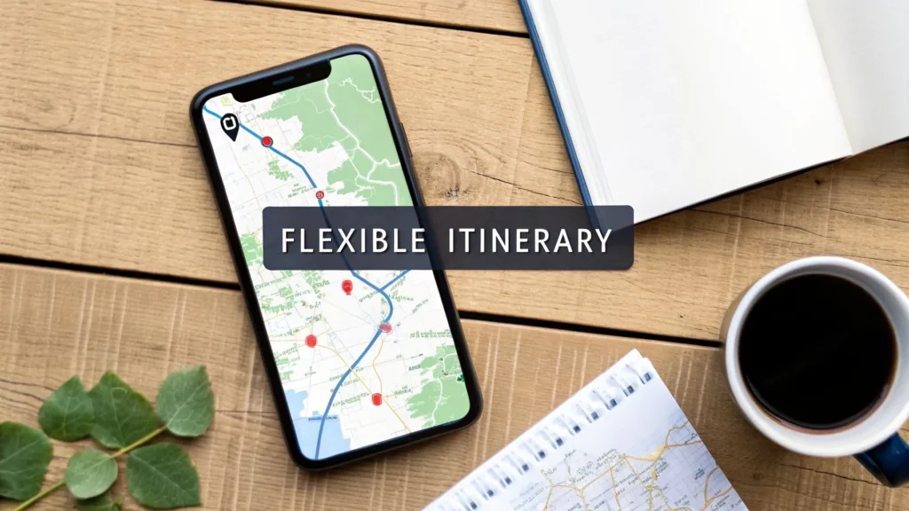 Smartphone map with route on table beside notebook and coffee, labeled “Flexible Itinerary”