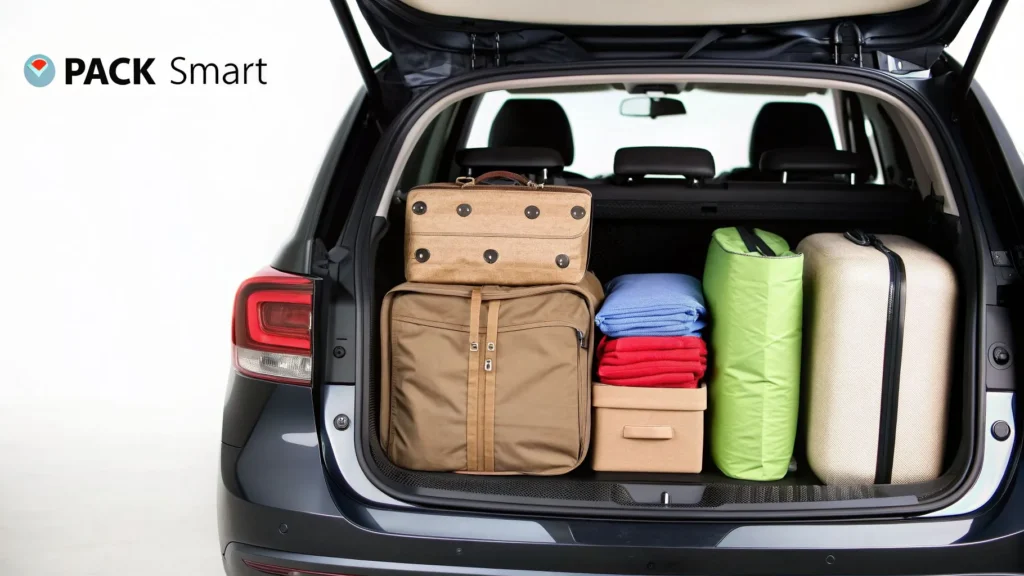 Packed car trunk with luggage, bags, and blankets, labeled “Pack Smart”