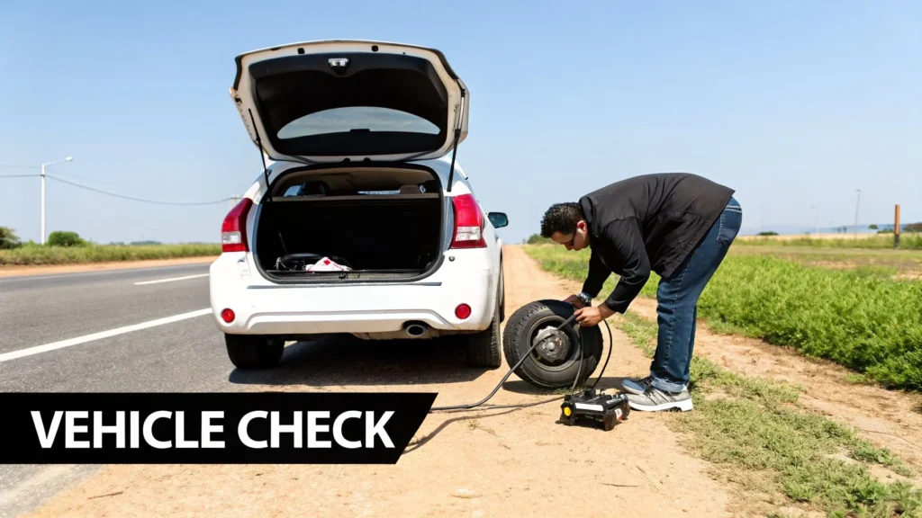 Man inflating car tire on roadside with open trunk, labeled “Vehicle Check”