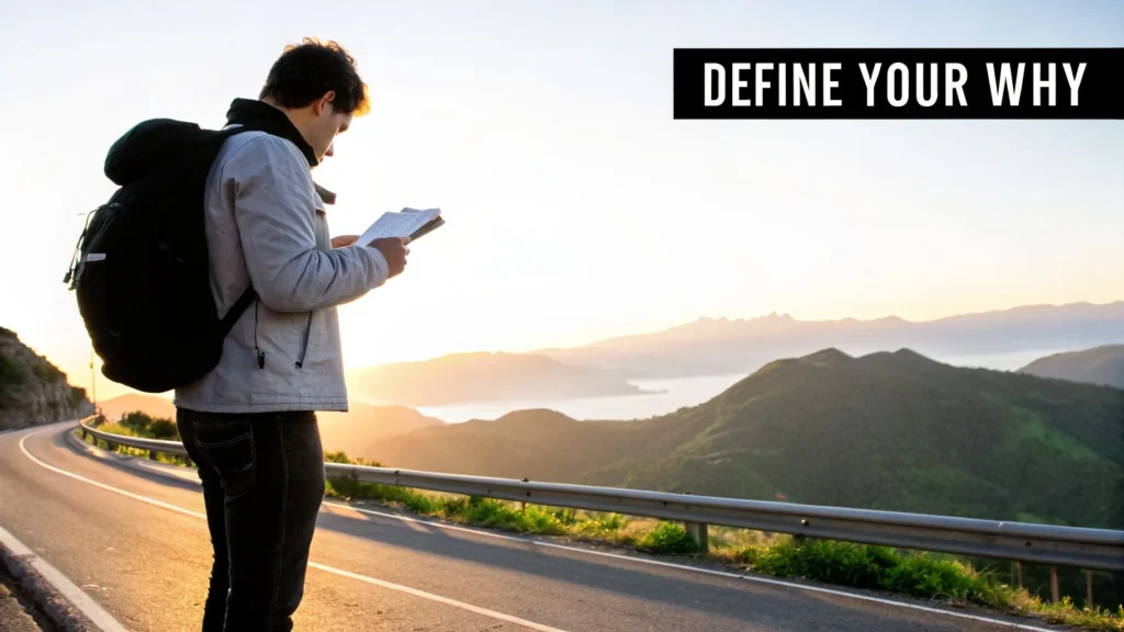Traveler with backpack reading map by mountain road at sunrise, text “Define Your Why”