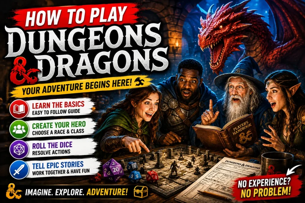 Dungeons and Dragons thumbnail with fantasy heroes, dragon, dice, and colorful tabletop adventure graphics.