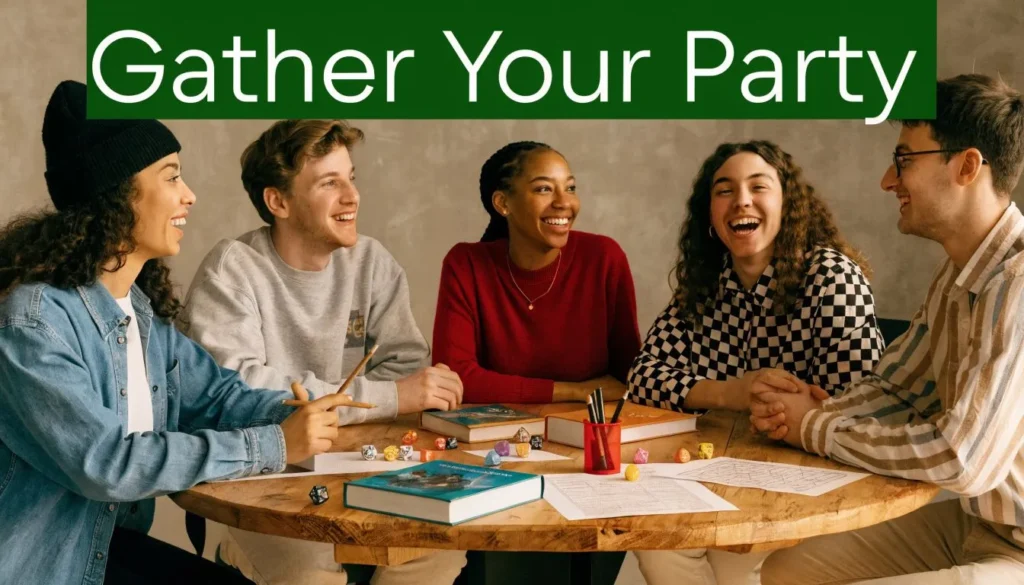 Group of friends gathered around a table with dice and books, smiling during a tabletop role-playing game session.