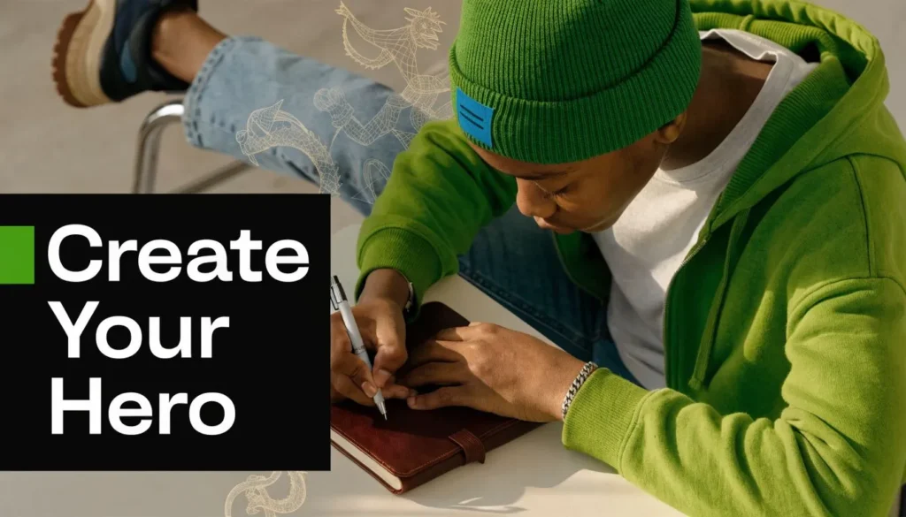 Person writing in a notebook with fantasy creature sketches and “Create Your Hero” text overlay.