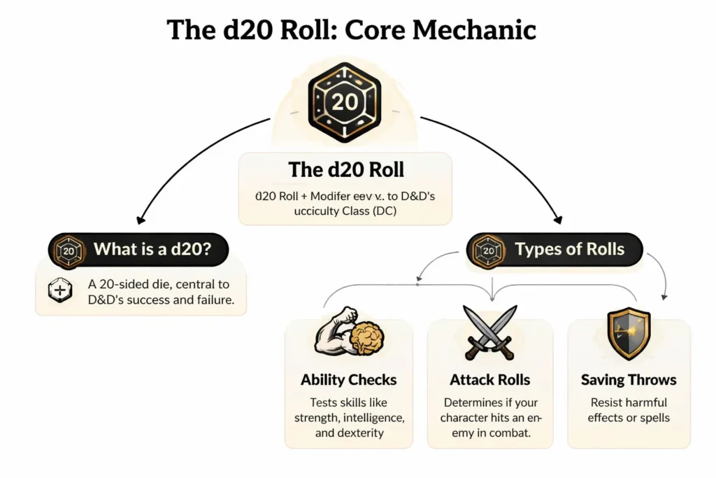 Infographic explaining Dungeons & Dragons d20 rolls, including ability checks, attack rolls, and saving throws.