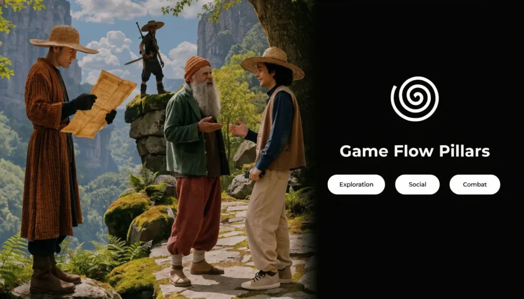 Fantasy role-playing scene with adventurers exploring outdoors beside “Game Flow Pillars” text.