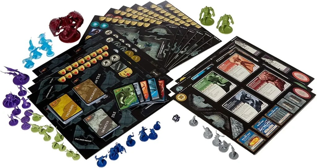 Dungeons & Dragons board game setup with cards, maps, dice, and colorful miniature fantasy figures.