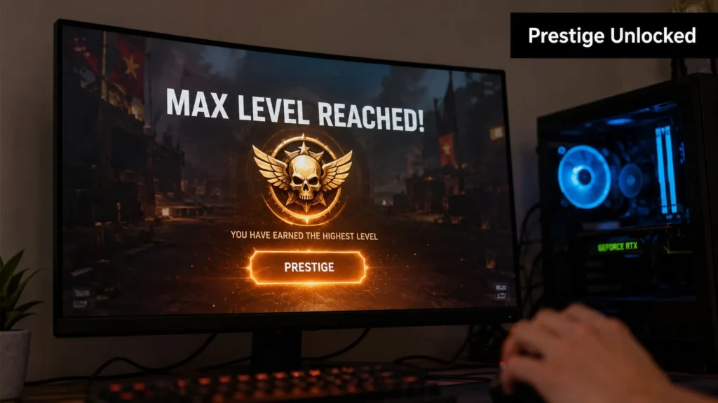 How to Prestige: Maximize Your Game Progression in 2026 Gaming monitor displaying a “Max Level Reached” prestige achievement screen beside an RGB-lit gaming PC.