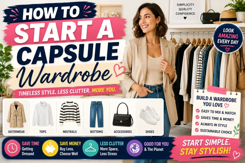 Capsule wardrobe thumbnail with stylish woman, neutral clothing rack, and minimalist fashion tips graphics.