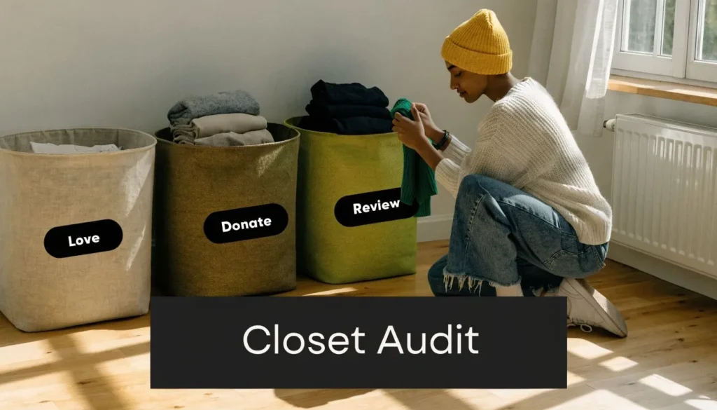 Person sorting clothes into “Love,” “Donate,” and “Review” bins during a closet audit organization session.