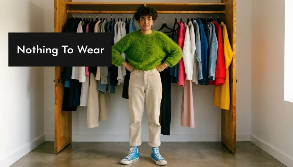 Person standing before a full closet with “Nothing To Wear” text, illustrating wardrobe frustration.