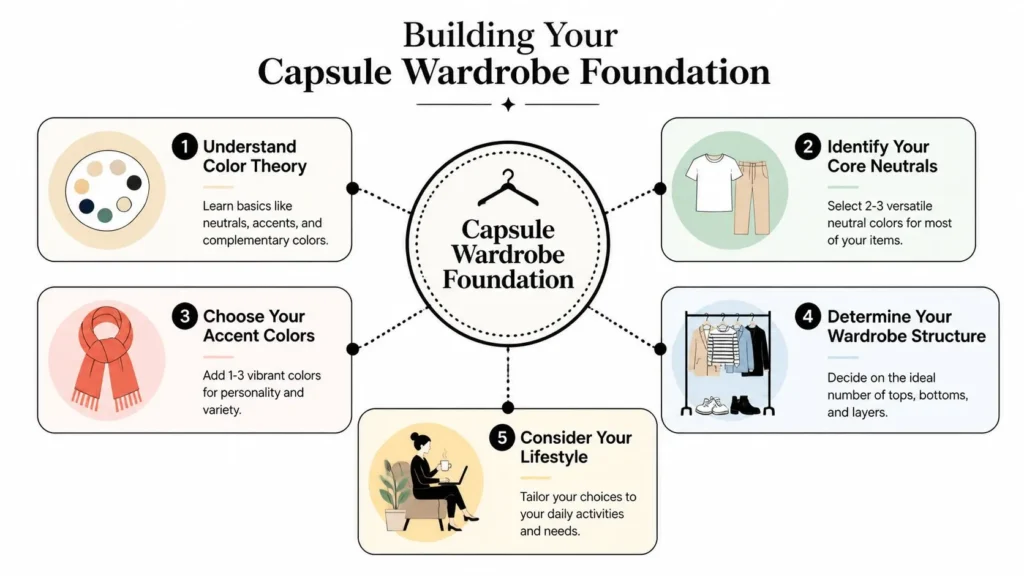 Infographic showing five steps to build a capsule wardrobe foundation with colors, neutrals, and lifestyle tips.
