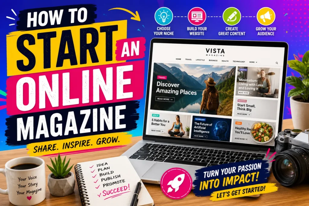 Colorful online magazine startup thumbnail with laptop, content icons, camera, and bold publishing tips text.