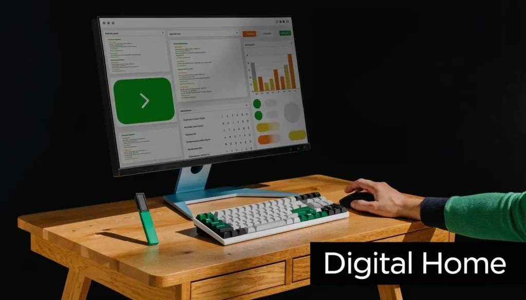 Modern digital workspace with computer dashboard and keyboard for managing an online magazine.