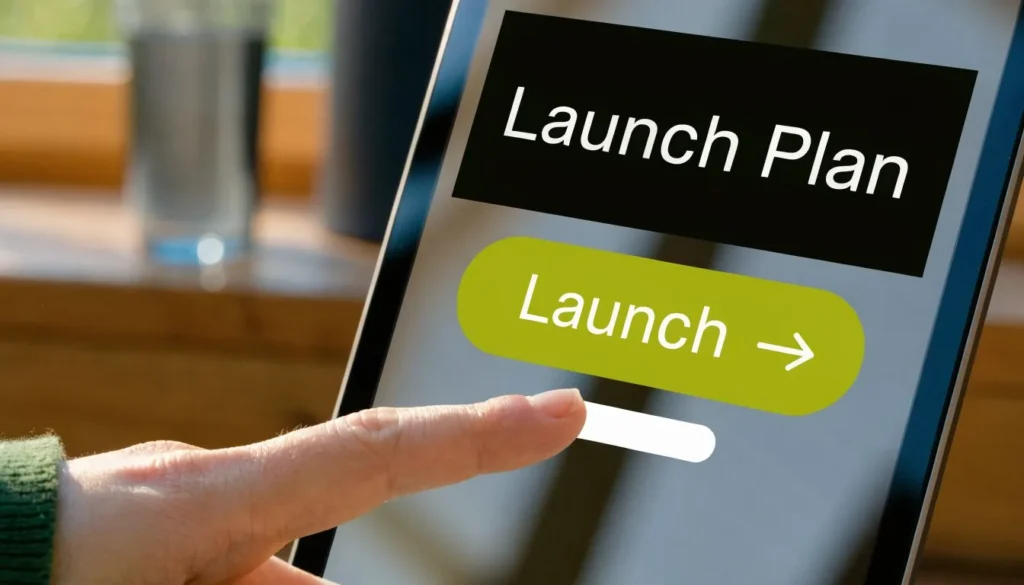 Finger pressing a launch button on a tablet screen displaying a digital launch plan interface.