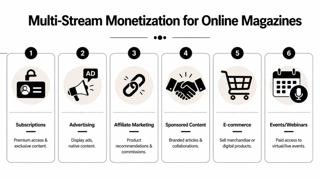 Infographic showing six monetization methods for online magazines including ads, subscriptions, and e-commerce.