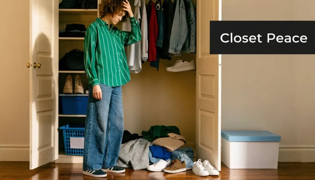 Person standing beside a cluttered closet with clothes on the floor and text reading Closet Peace.